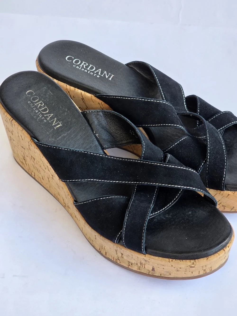 NEW Cordani Devon Black Suede Cork Platform Wedge Sandals - Size 9.5 /10